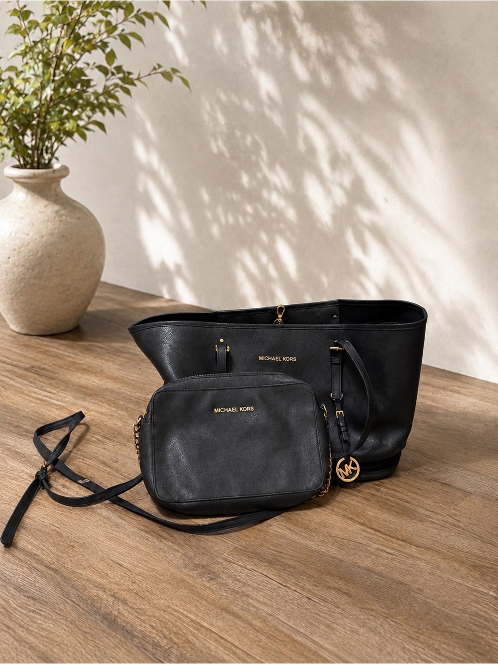 Michael Kors Black Leather Tote with Matching Crossbody